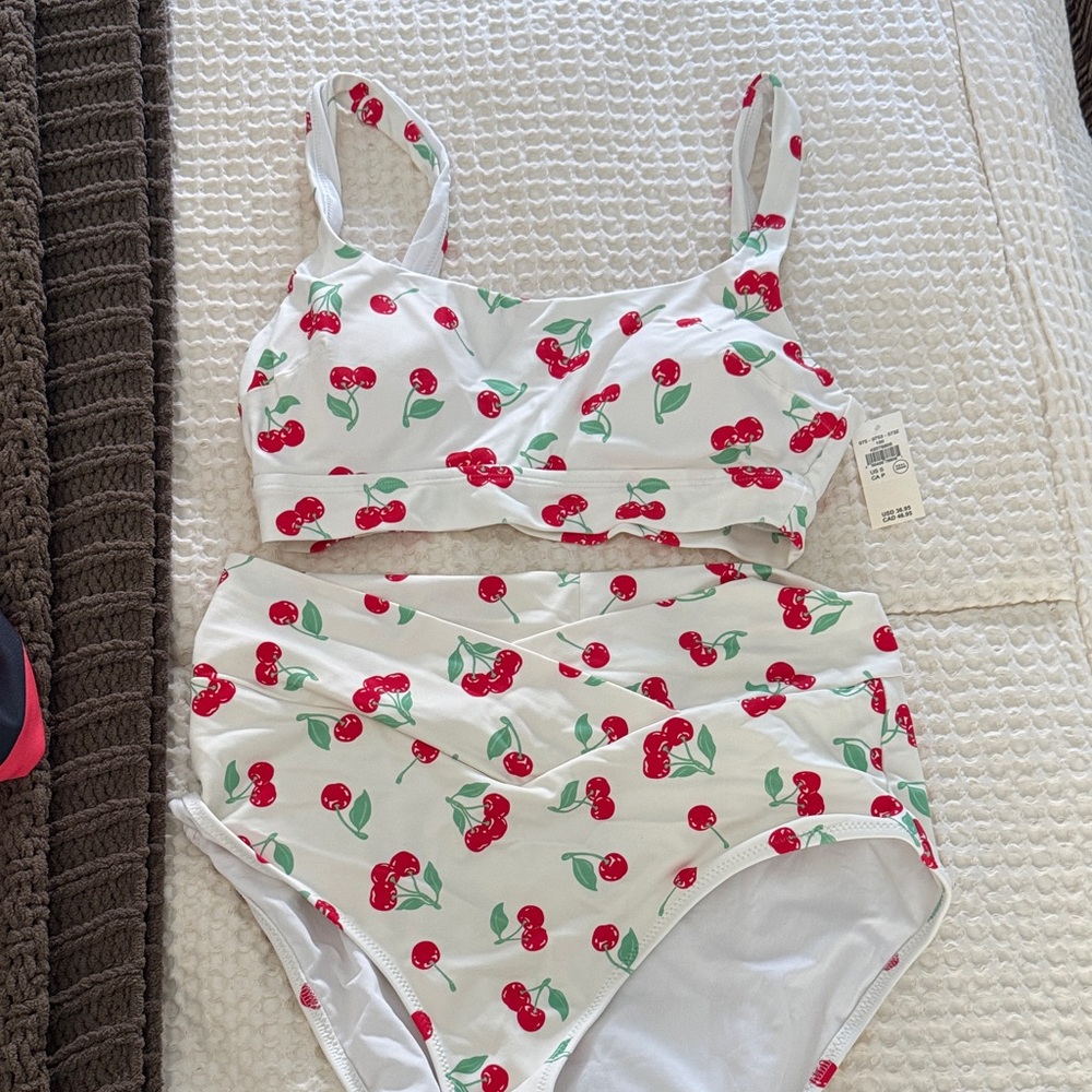 aerie White Cherry Print Bikini Set